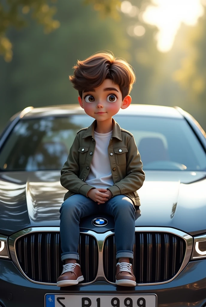 A boy who is sitting on bonut of bmw car he cute and smart