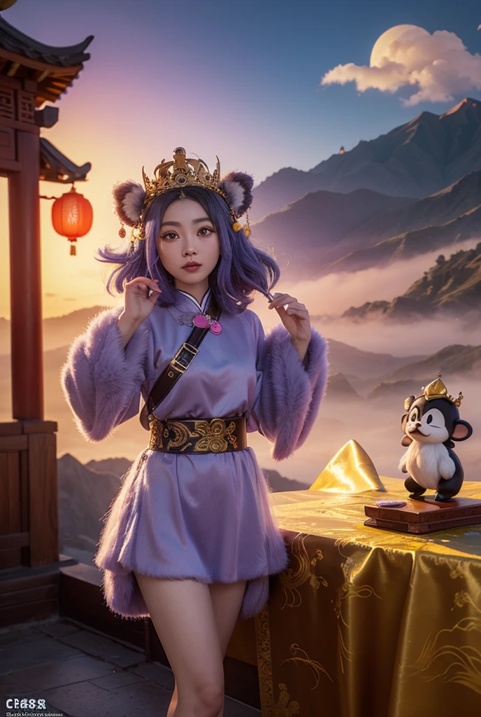 the monkey god in chinese mythology, animal crossing, blind box, ip design, pop-mart, chibi, with a long golden truncheon, wearing a purple and gold crown, standing in the clouds, with a cute expression, the background of celestial mountains in chinese mythology, in a fog, dunhuang color scheme, colorful, fancy, fairy tale, fine detail, detailed description, dream color, best quality, uhd, 16 k, high resolution, octane presentation, cinema4d, super-detailed, detailed intricacies, 3d rendering, cute