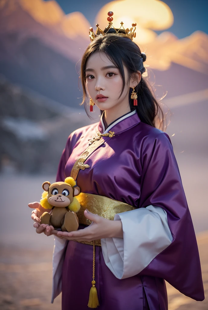 
the monkey god in chinese mythology, animal crossing, blind box, ip design, pop-mart, chibi, with a long golden truncheon, wearing a purple and gold crown, standing in the clouds, with a cute expression, the background of celestial mountains in chinese mythology, in a fog, dunhuang color scheme, colorful, fancy, fairy tale, fine detail, detailed description, dream color, best quality, uhd, 16 k, high resolution, octane presentation, cinema4d, super-detailed, detailed intricacies, 3d rendering, cute  