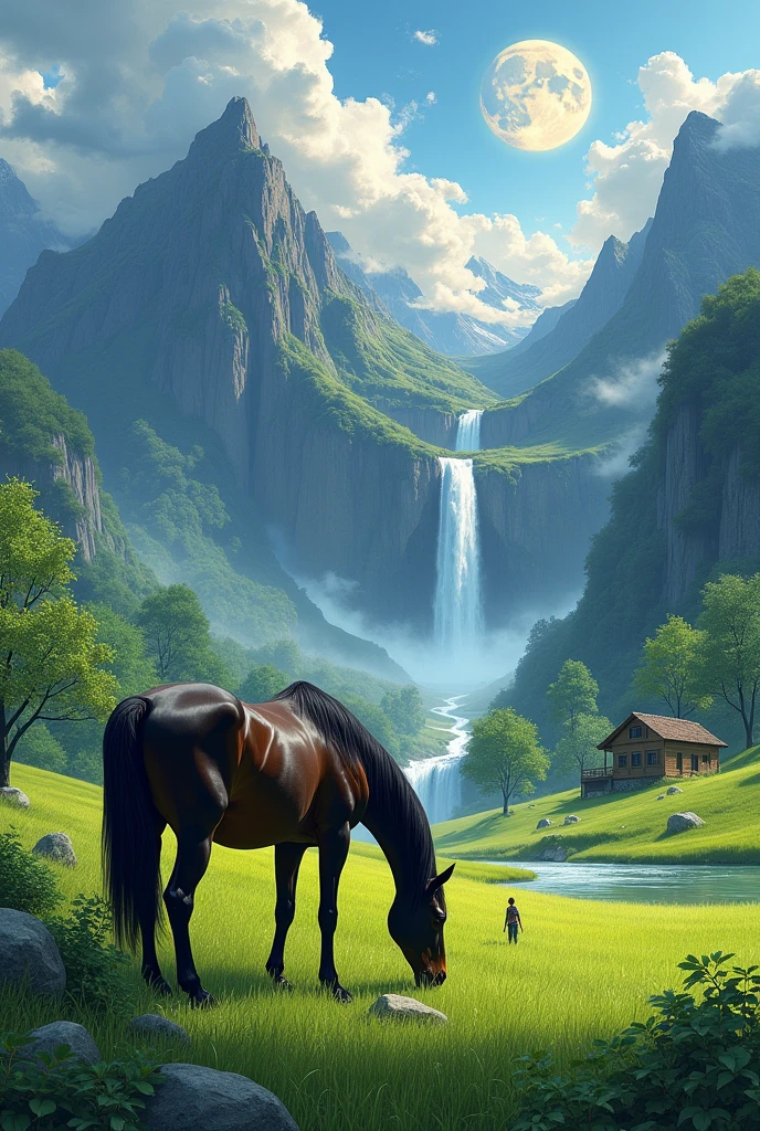 A  black and brown horse eating grass In the green land with big grass and half  moon with darkly covered by  clouds and infront a mountain and water fall and a beautiful house and a man standing in green land too see the water fall and mountain  not picture but sticker 