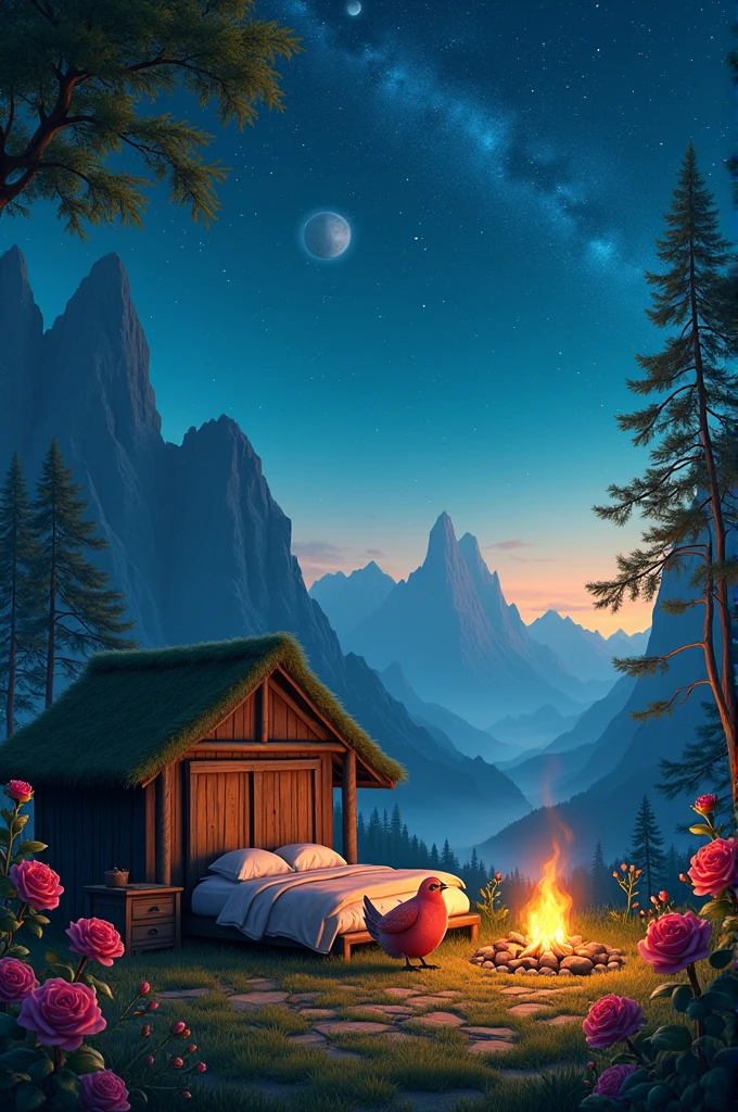 A mattress on a mountainside, a fireplace near the bed, a small hut, a beautiful strange bird standing near the bed, nature picturesque, greenery pervades the place, beautiful roses at night, and the sky decorated with stars and planets. Realistic image. Many details. Beautiful