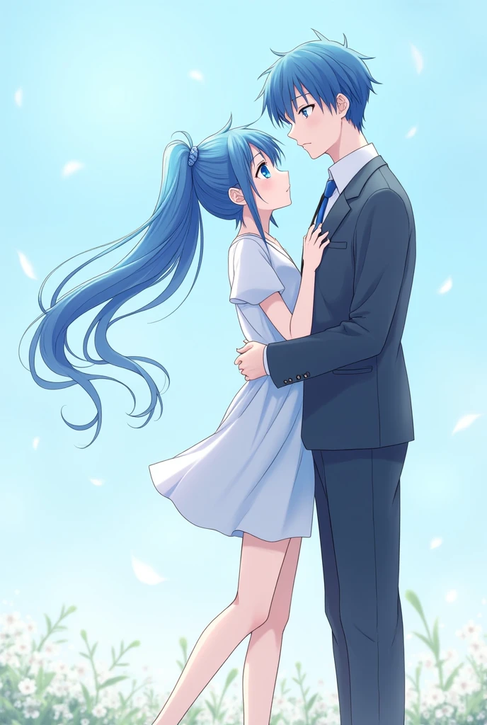 A anime girl with long blue hair in a ponytail, blue eyes, and a short dress below the knee. She is calm and beautiful. She stood next to her brother who has the same hair and eye color and is three years older than her and is wearing a school uniform.