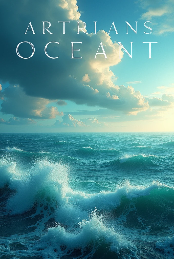 "Book cover with image of a vast ocean with a distant horizon and a dramatic sky. Use a blue and green color palette with white accents for the waves. The title should be prominent in an elegant and clear typeface., with adequate contrast to stand out against the background."