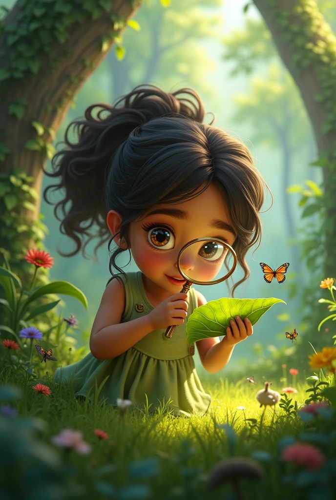 "Maya, a curious girl, closely examines a leaf with her magnifying glass. She has a look of wonder on her face, surrounded by a detailed, natural setting with trees, plants, and small creatures."Leo with a Map