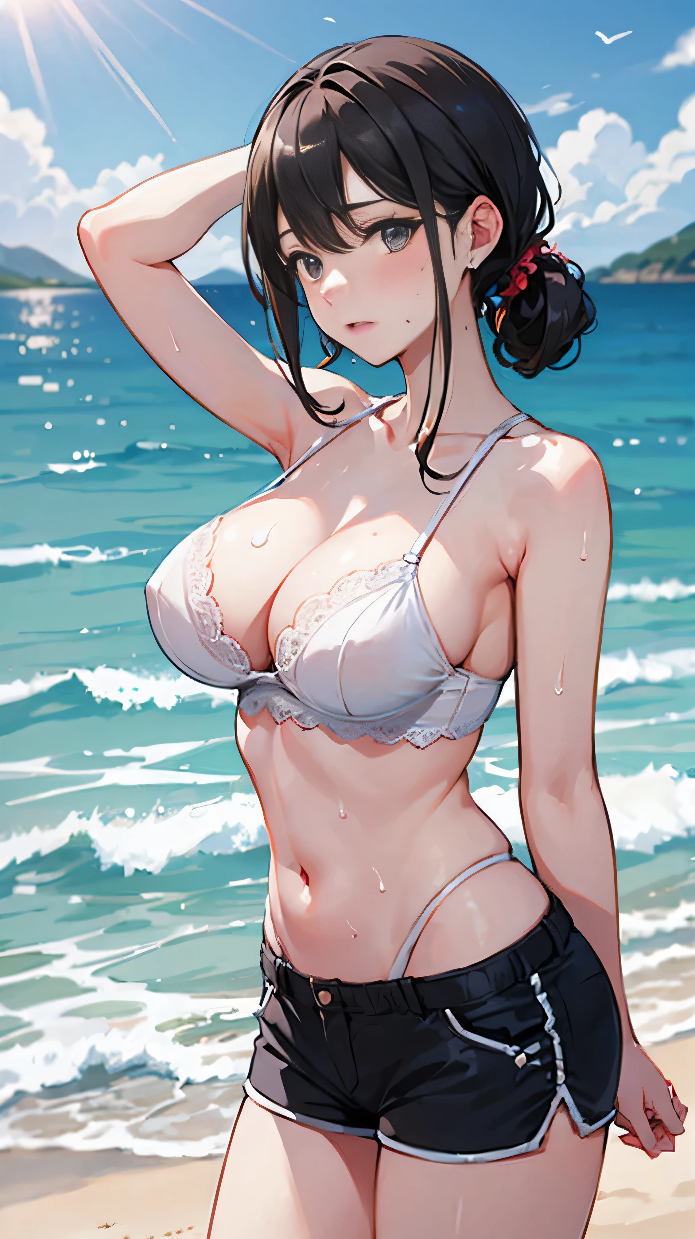 masterpiece:1.3，best quality, at the seaside，Large Breasts，Sweating, Bare shoulders, Lace white underwear 1.5，shorts