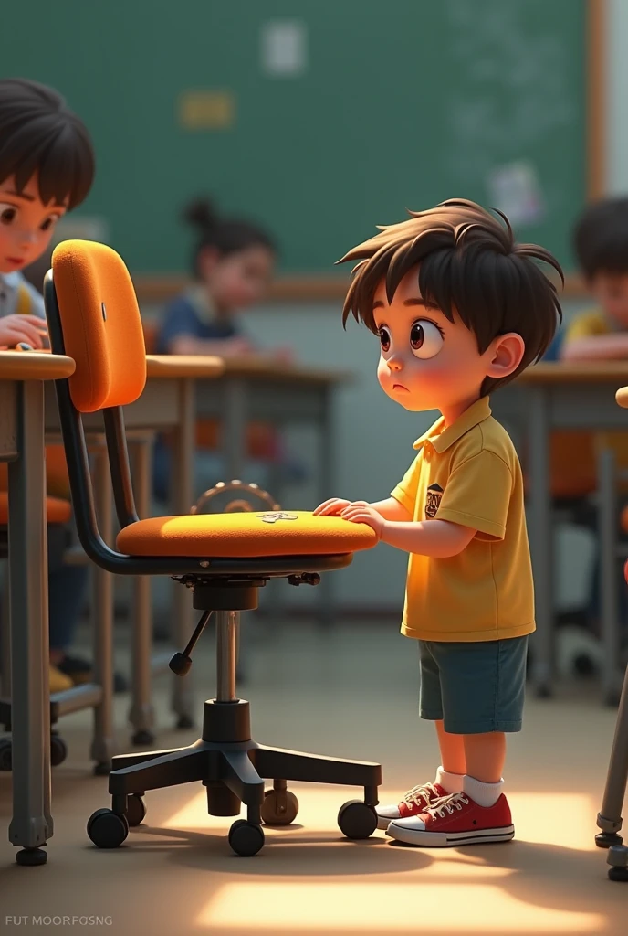 Child observing that his school chair is almost broken but without sitting down