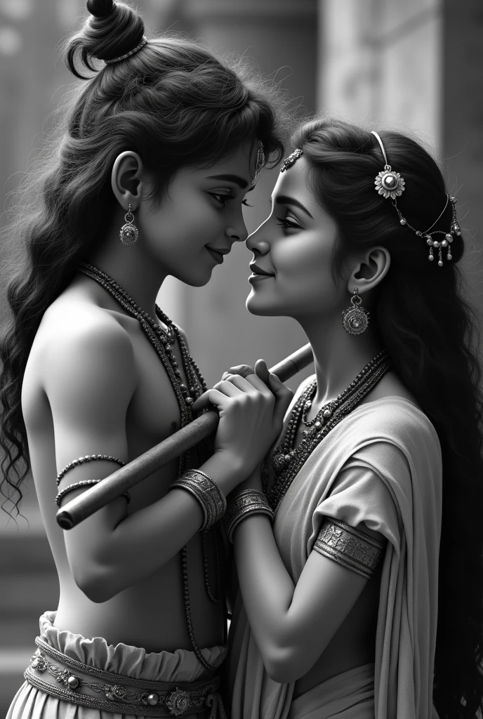 Baby Krishna with holding a flute with Radha with long curly hair standing side by side black and white