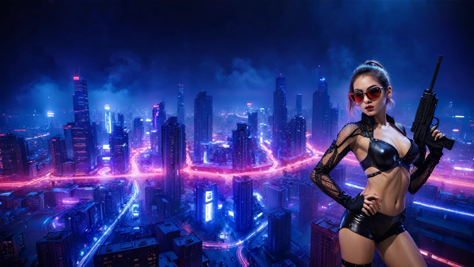 (High view). There's a cyborg woman (8k) wearing a futuristic leotard (best quality) standing in a cyberpunk city alley at night, darksynth aesthetic, red neons, haze, 1drone, foggy night, ultra detailed, photorealistic. At night, (1girl, solo, alone), photorealistic, medium-breast slim:0.6 body, oval:0.5 face, cleavage:1.1, sexy black laced bra, miniskirt, white laced panty, coat, (black micro sunglasses), (holding a short gun), (slightly leaning forward running pose), ((half-body thigh level medium shot)), cinematic lighting, ray tracing, motion blurred background.