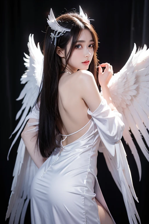 A giraffe angel with wings and a white shirt poses for a photo., Albedo from the Overlord, Fully majestic angel, anime goddess, Albedo from the anime Overlord, cosplay, Beautiful cyborg angel, Angel wings on her back, The villain has black angel wings., anime girl cosplay, Beautiful angel, Super wide angel
, masterpiece, high resolution, best quality, Very detailed, pink eyes, beautiful woman, purple dress，beach，long hair