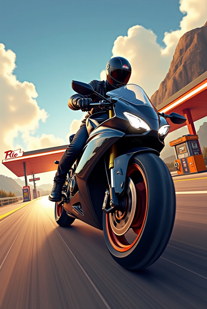 A motorcycle with a gas station in the background
