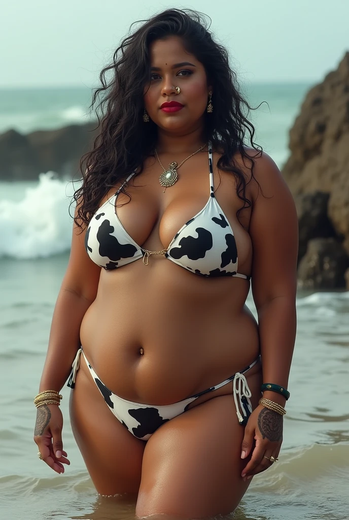Wet CURVY FIT PAWG MARRIED INDIAN BRIDE, full body picture , BBW Wet curvy, wet Desi Bhabhi showing her big ass in sexy thong COW pattern bikini and showing cleavage and in nose ring, many red gold bangles in hands,earings, necklace ,lipstick ,navel,Indian, Chubby, showing her curves in sea water, sea waves , rocks, Group of lesbian women, Henna Mehendi,