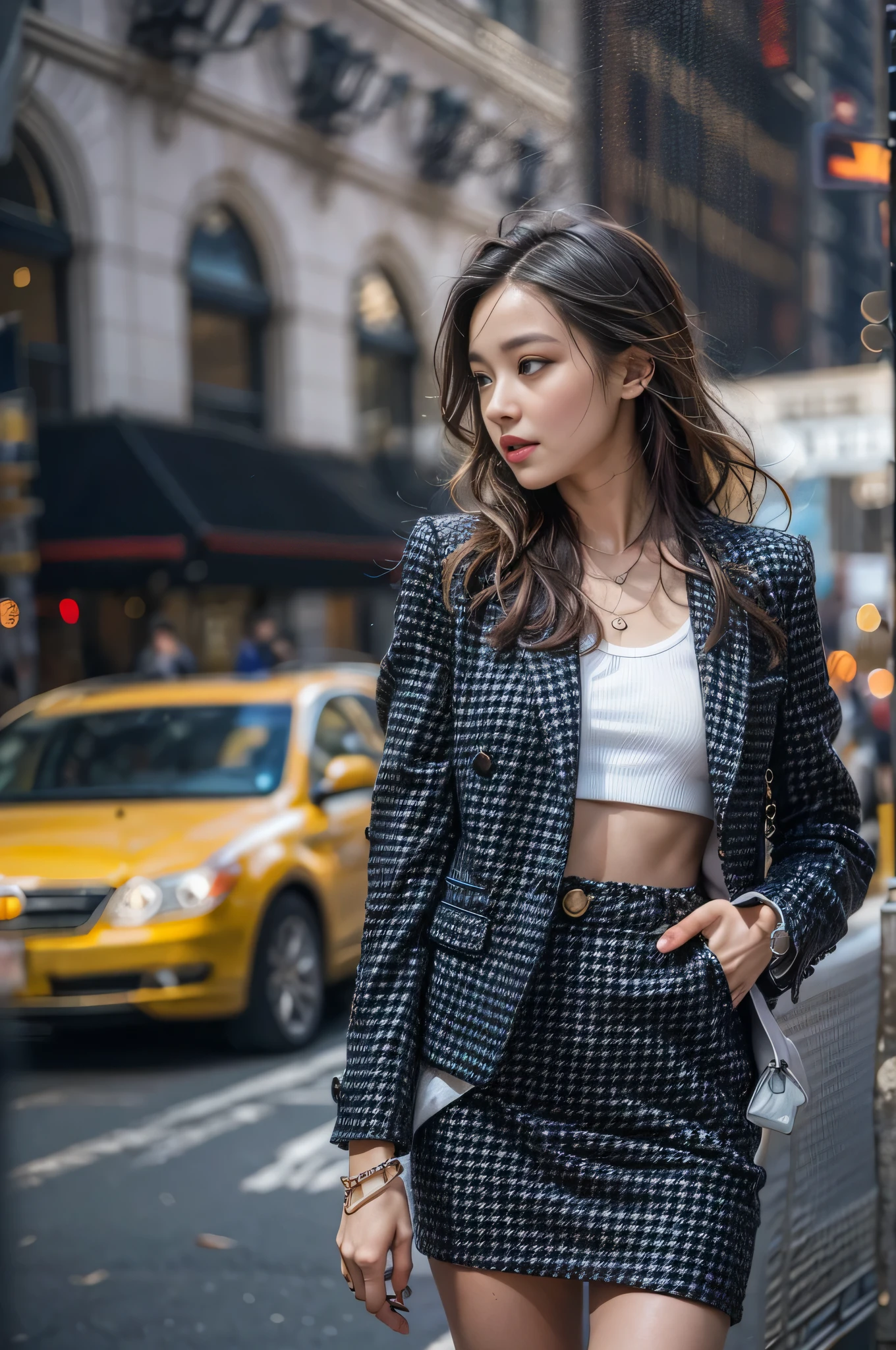 (Woman walking through the streets of New York),Real、High resolution、Soft Light、One woman、One person、Hip Up、(Detailed face)、jewelry、Streetwear、(Beautiful j woman)、Eyes of the viewer、Lover's Perspective、Attractive look、Sexy smile、Perfect Style、Perfect balance、Fine skin、Naughty look、I can see your chest Light blue jacket、(White tank top)、White mini skirt、Long legs、White high heels、career woman、