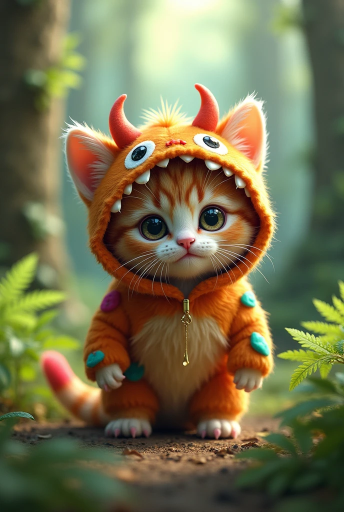 kitten　cute　Monster costume　Forest Background　Real