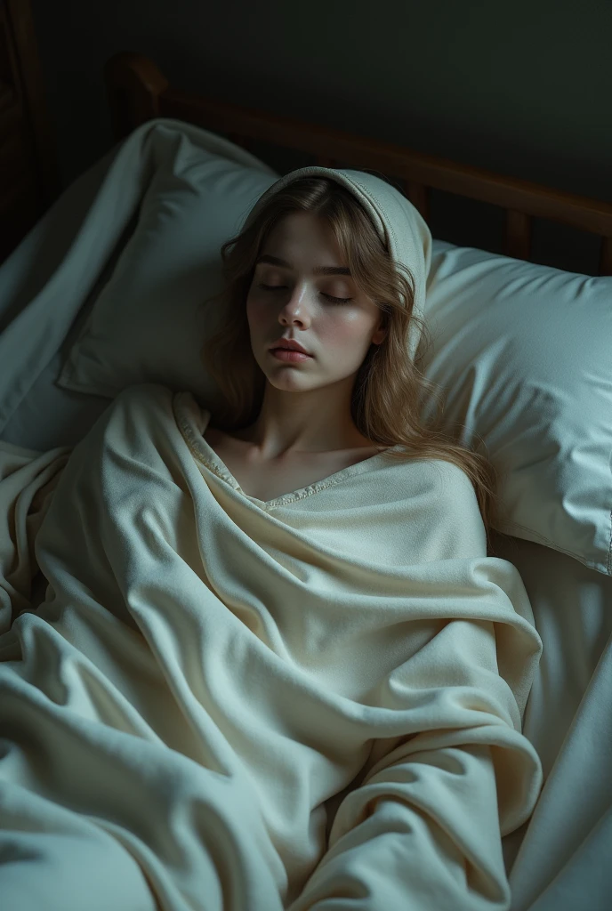 A beautiful girls dead body laying down and covering with kafan cloth half naked in a bed 4k realistic