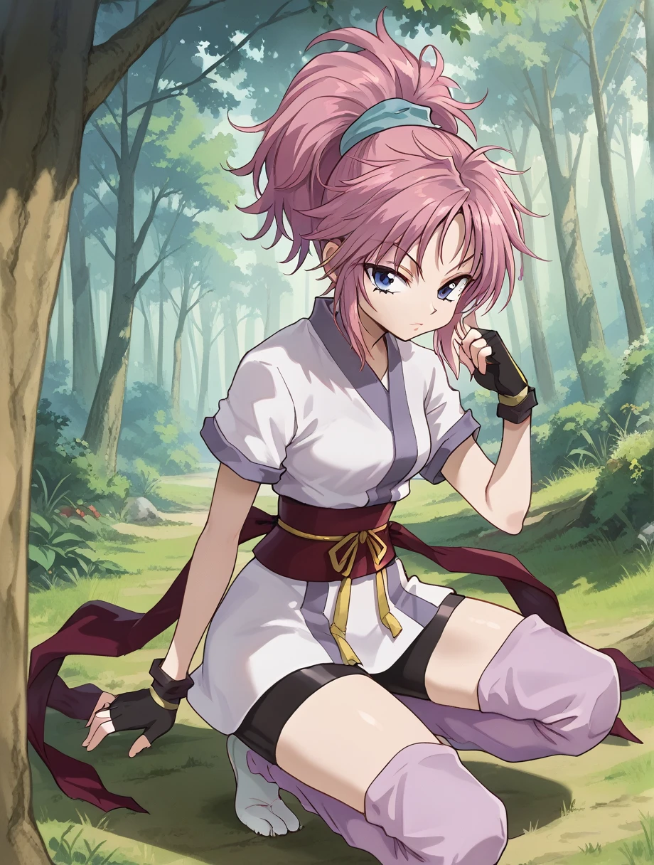 score_9,score_8_up,score_7_up,score_6_up,source_anime,dutch angle,1girl,medium breasts,machi01, blue eyes, ponytail, pink hair, purple hair,portrait, ponytail, japanese clothes, sash, gloves, fingerless gloves, short sleeves, bike shorts,ninja,sash,obi, pink purple socks,tabi, in forest,