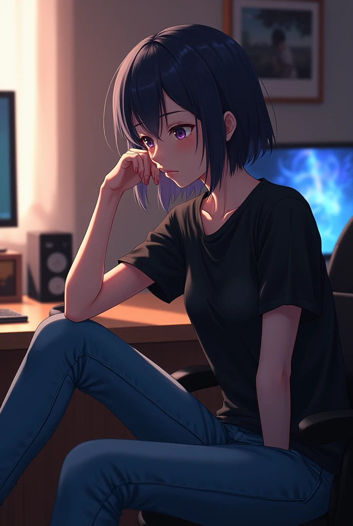 An anime is around 29 years lady old sitting in her gaming room and telling a story keeping her hand down on her leg. closing her mouth. She is Wearing a black T-shirt and black jeans