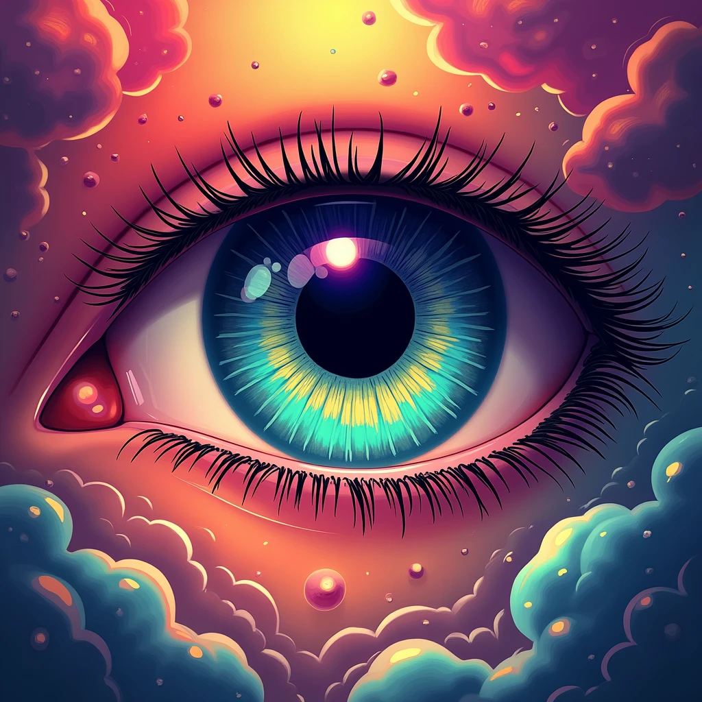 A surreal and energetic representation of a human eye with the title "The Luminous Eye". The eye has a deep blue iris that transitions into vibrant purples, bright greens, and yellows. Surrounding the eye are abstract, swirling patterns resembling smoke and fluid splashes in a spectrum of reds, oranges, and pinks. The sclera and lashes are accented with bold, dark lines, while delicate geometric designs radiate from the pupil. The overall composition is alive with vibrant energy, conveying themes of vision, perception, and insight.