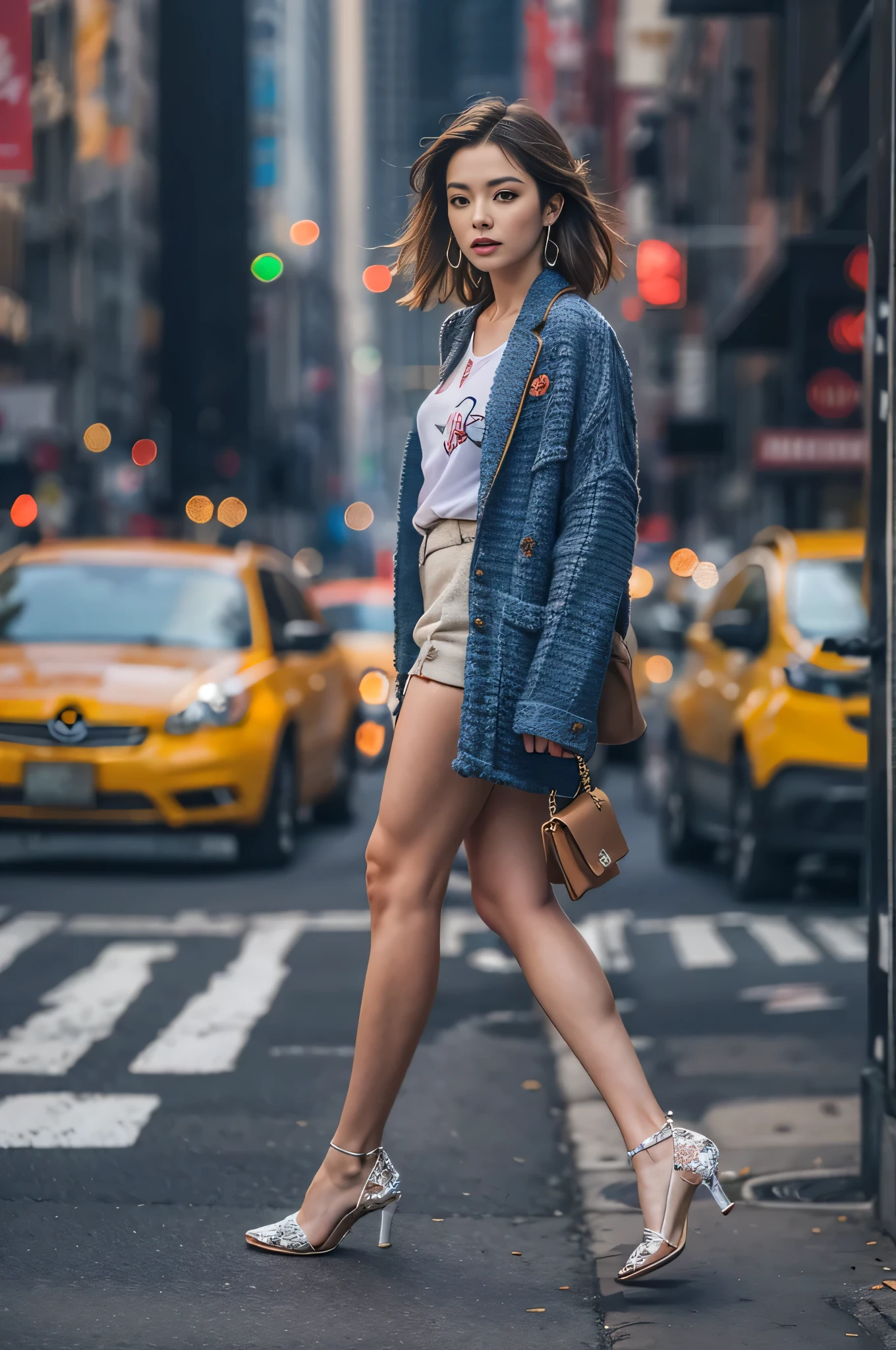 (Woman walking through the streets of New York),Real、High resolution、Soft Light、One woman、One person、Hip Up、(Detailed face)、jewelry、Streetwear、(Beautiful j woman)、Eyes of the viewer、Lover's Perspective、Attractive look、Sexy smile、Perfect Style、Perfect balance、Fine skin、Naughty look、I can see your chest Light blue jacket、(White tank top)、White mini skirt、Long legs、White high heels、career woman、