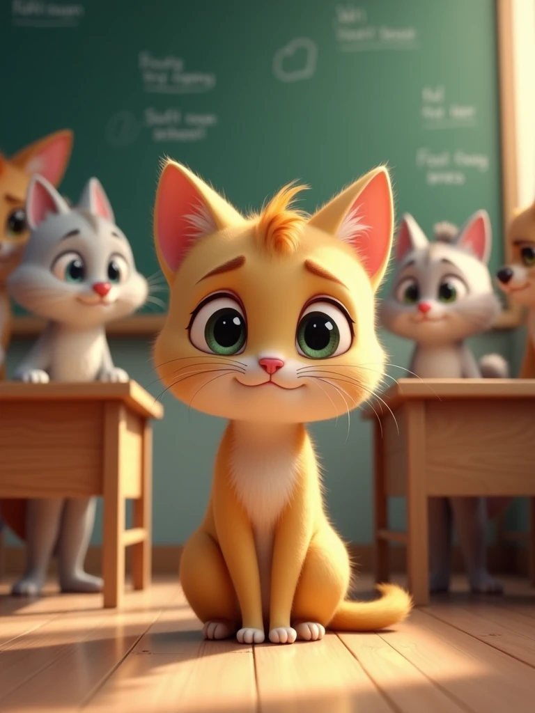 A heart-tugging scene featuring a small domestic feline with a backdrop of an animated school setting. The feline is sporting a sorrowful expression, hinting at being sad or upset. Next to the cat, there are several other animated animal characters portraying mischievousness through their expressions and actions. They appear unruly as they are shown pointing, laughing, and wearing grins that indicate they have been partaking in unkind activities targeted towards the feline. A school setting is emphasised with the hint of a chalkboard and desks in the background.
