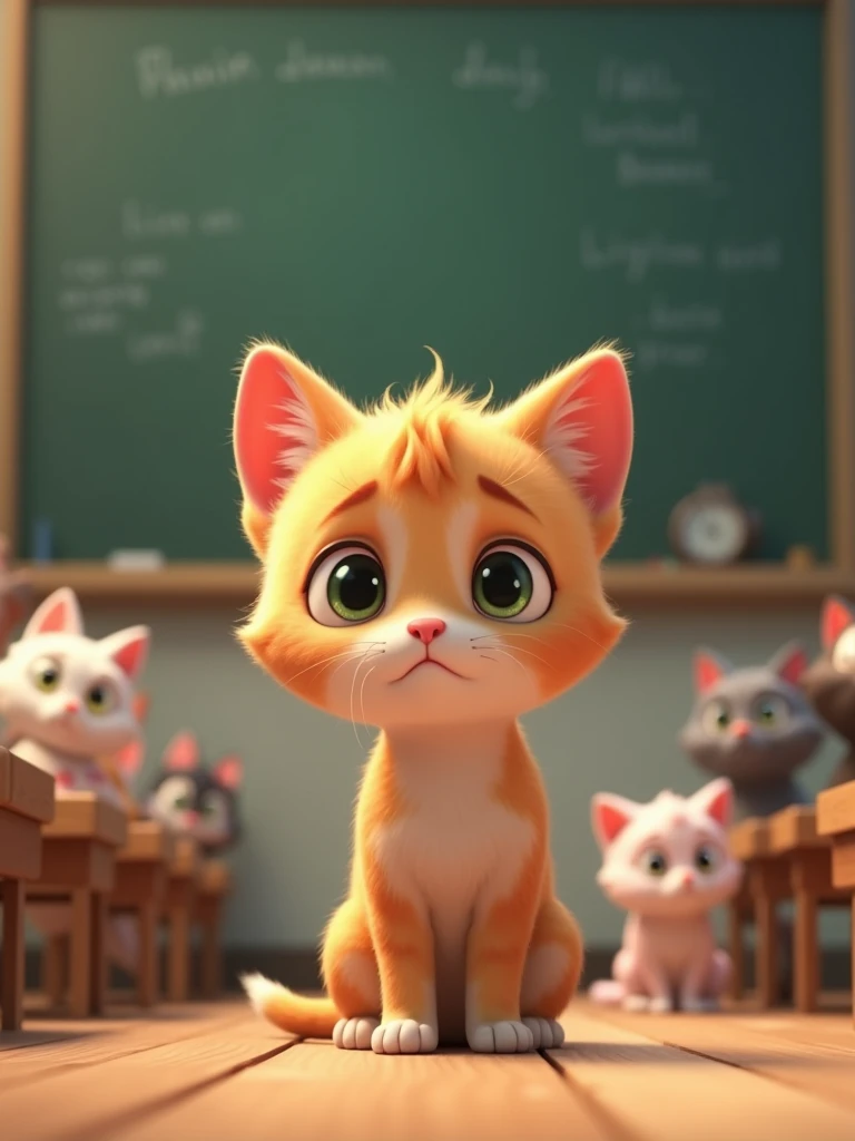 A heart-tugging scene featuring a small domestic feline with a backdrop of an animated school setting. The feline is sporting a sorrowful expression, hinting at being sad or upset. Next to the cat, there are several other animated animal characters portraying mischievousness through their expressions and actions. They appear unruly as they are shown pointing, laughing, and wearing grins that indicate they have been partaking in unkind activities targeted towards the feline. A school setting is emphasised with the hint of a chalkboard and desks in the background.