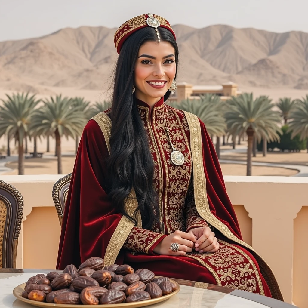 (a 2 Omani woman with long black hair:1.3),beautiful detailed eyes,beautiful detailed lips,extremely detailed eyes and face,longeyelashes, (wearing a red and gold royal dress:1.27), sitting on the terrace of the Omani royal palace,a plate of dates on the table,hills,date palm trees,(best quality,4k,8k,highres,masterpiece:1.2),ultra-detailed,(realistic,photorealistic,photo-realistic:1.37),portrait,studio lighting,vivid colors