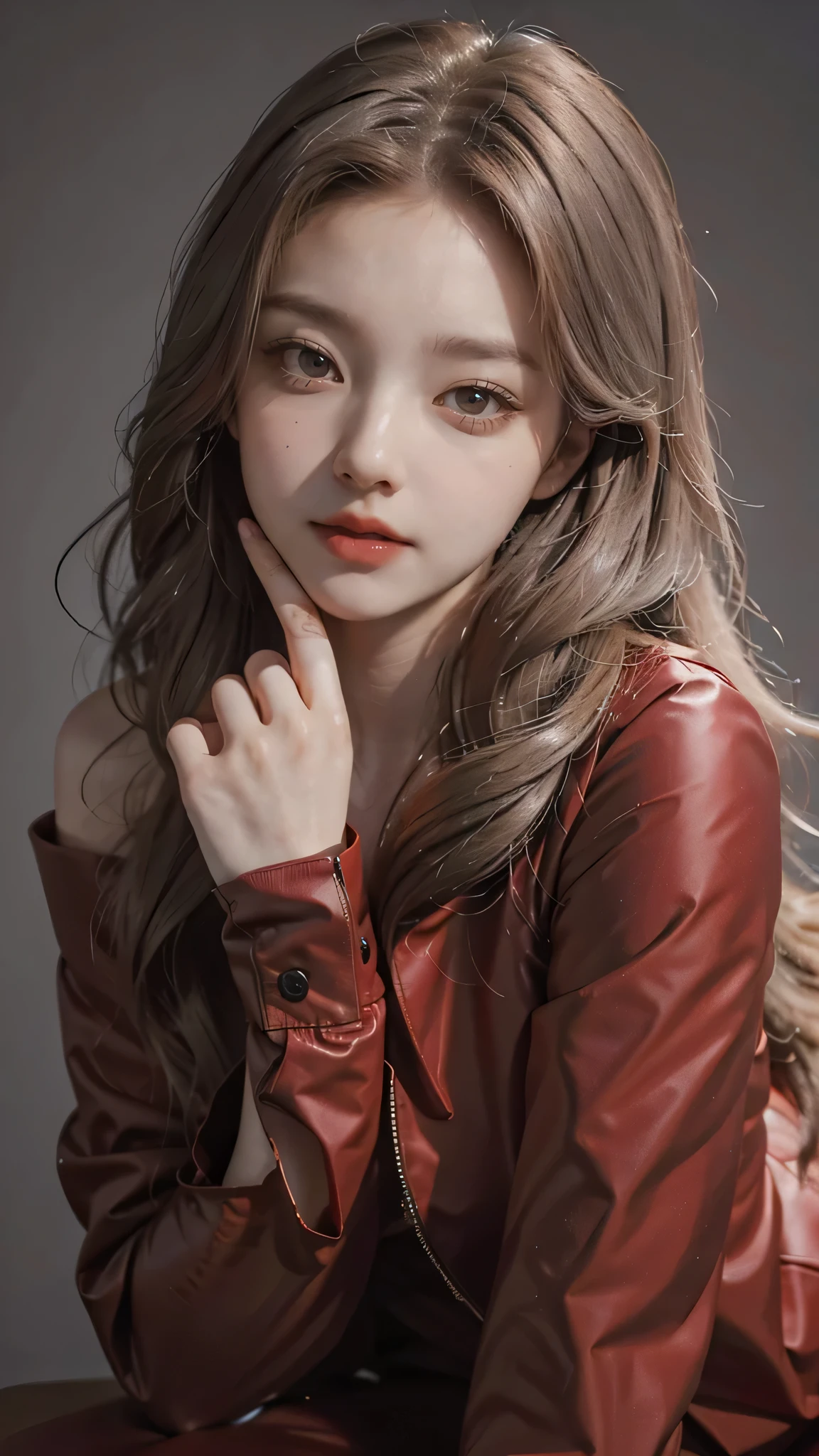 Girl wearing, luxury red coat, shoulder length hair, wavy hair, glowing skin, star in eye, red lips, grey  background, cute poses 