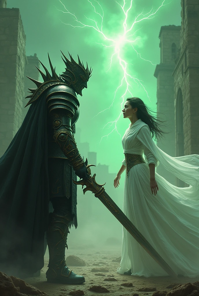 An epic battle between two characters inspired by dark and powerful worlds. A warrior, Inspired by "The Penitent", He wears heavy gothic armor with sharp details and a crown of thorns., wielding a large sword decorated with religious symbols. His opponent, a woman in a white robe and a cape that floats in the wind, Inspired by "Fubuki", Dominate the battlefield with powerful psychic abilities, surrounded by a bright green aura that manipulates the environment to its will. The scene takes place in a desolate landscape, with ruins of an ancient cathedral and stormy clouds in the sky, as the two characters face off in a clash of strength and magic. 