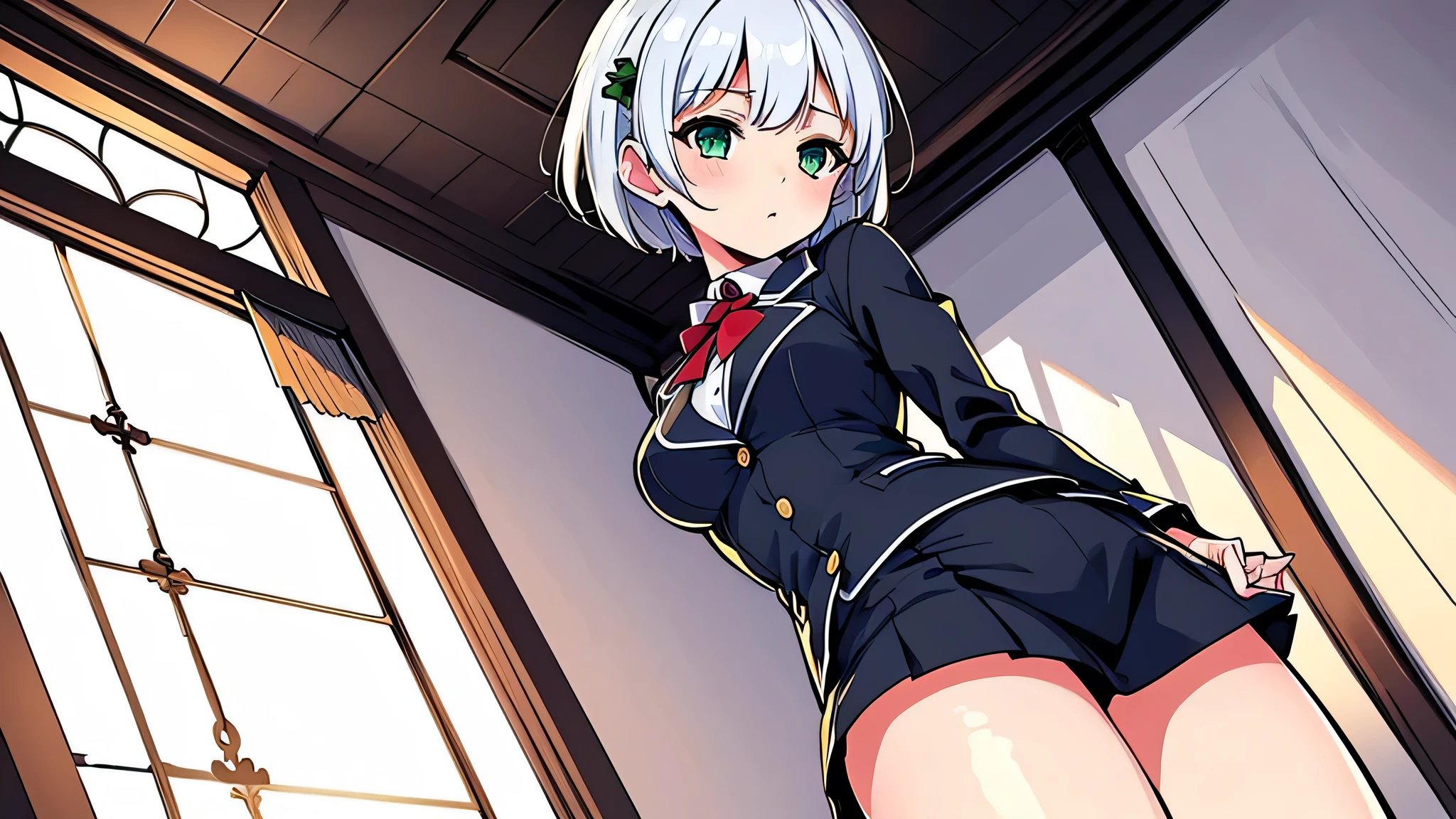 all intricate details, cientificamente: perfect body, girl 1, (masterpiece, best quality:1.2), illustration, solo, 1girl view, short hair, white hair, green eyes, short green blazer, black miniskirt, detailed background, looking at viewer, hair ornaments, indoors, sexy pose, front angle