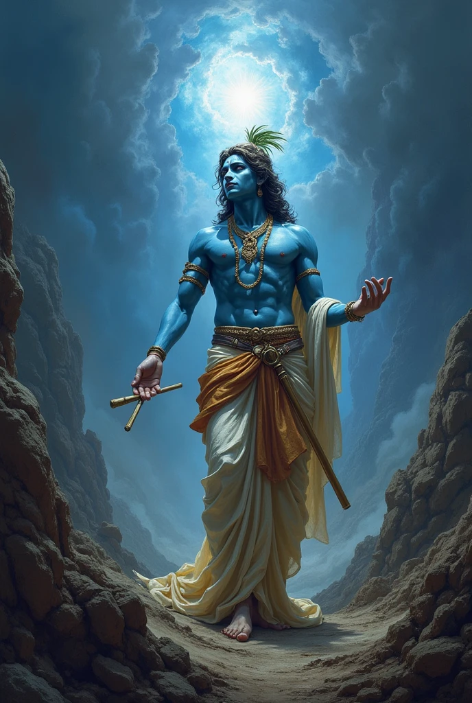 "In a world plagued by numerous challenges—diseases spreading through the land, financial crises leaving families destitute, violence and murders creating a climate of fear, and forced religious conversions tearing communities apart—hope seems lost. Yet, amidst this darkness, the divine presence of Lord Sri Krishna emerges as the guiding light. His teachings from the Bhagavad Gita resonate across time, offering wisdom, peace, and righteousness. With his flute in hand, he restores balance, guiding humanity towards dharma, unity, and eternal bliss. Where there is Krishna, there is a solution to every problem and sri krishna looking sadly towards people who is suffering from problems.