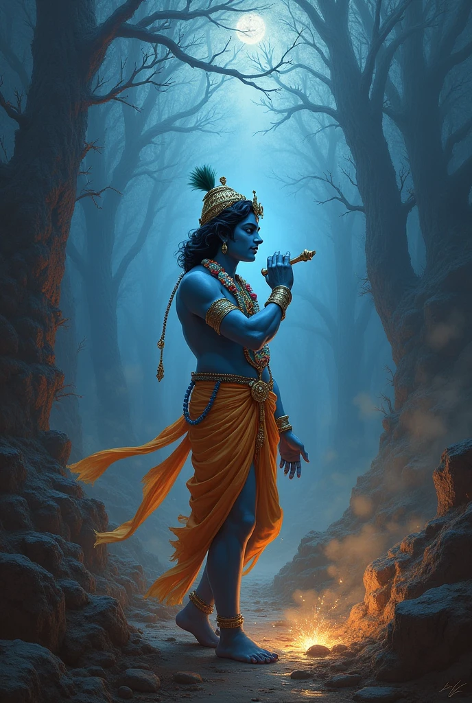 "In a world plagued by numerous challenges—diseases spreading through the land, financial crises leaving families destitute, violence and murders creating a climate of fear, and forced religious conversions tearing communities apart—hope seems lost. Yet, amidst this darkness, the divine presence of Lord Sri Krishna emerges as the guiding light. His teachings from the Bhagavad Gita resonate across time, offering wisdom, peace, and righteousness. With his flute in hand, he restores balance, guiding humanity towards dharma, unity, and eternal bliss. Where there is Krishna, there is a solution to every problem and sri krishna looking sadly towards people who is suffering from problems.