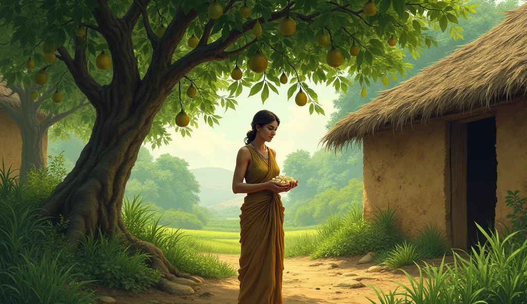 Many gourd trees near a mud house. Many small green gourds are hanging on that tree. And a woman standing holding many small eggs