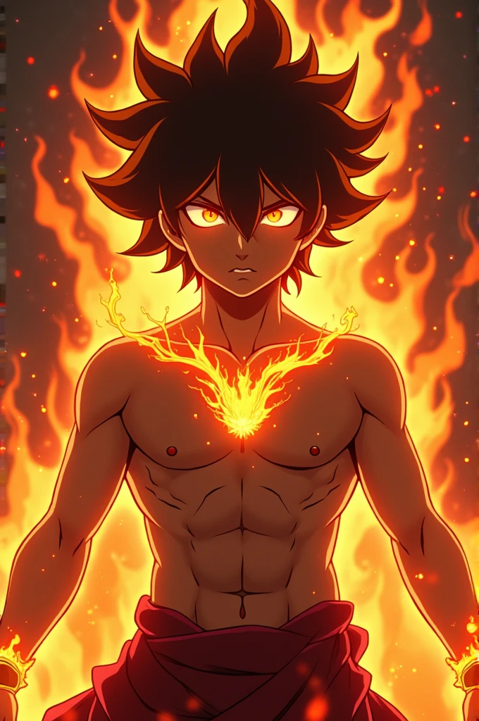 Suryaputra karn half image with fire coming out of his eyes and little sparks of fire surrounding his forearms in anime form