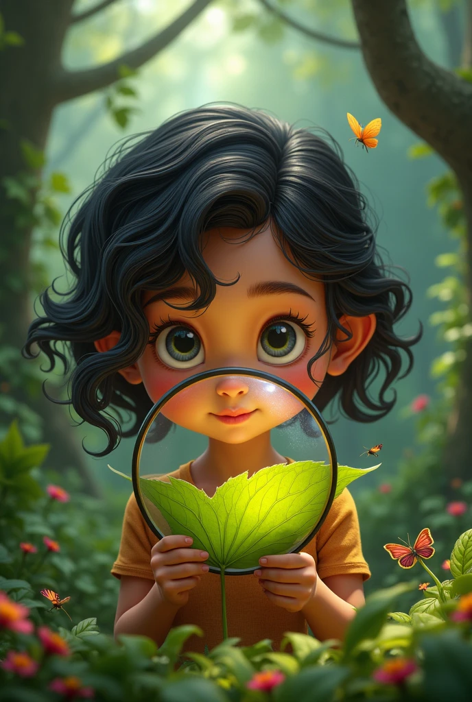 "Maya, a curious girl, closely examines a leaf with her magnifying glass. She has a look of wonder on her face, surrounded by a detailed, natural setting with trees, plants, and small creatures."Leo with a Map