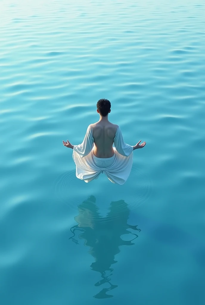 3D view, huge blue lake, a white-skinned man suspended in meditation, with ripples under his feet, a handsome man with a perfect body, perfect abdominal muscles, perfect muscle curves, a handsome man wearing Hanfu (Chinese style, Asian man)