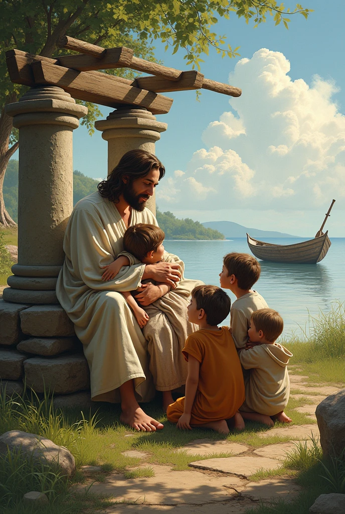 next to an old stone well, children hugged Jesus and others sat nearby and listened and next to it was a lake and an old wooden boat with oars floated on the lake