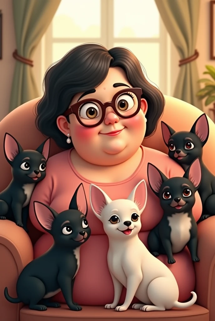 Chubby woman with short dark hair wearing glasses and 7 chihuahua dogs, 6 black and 1 white