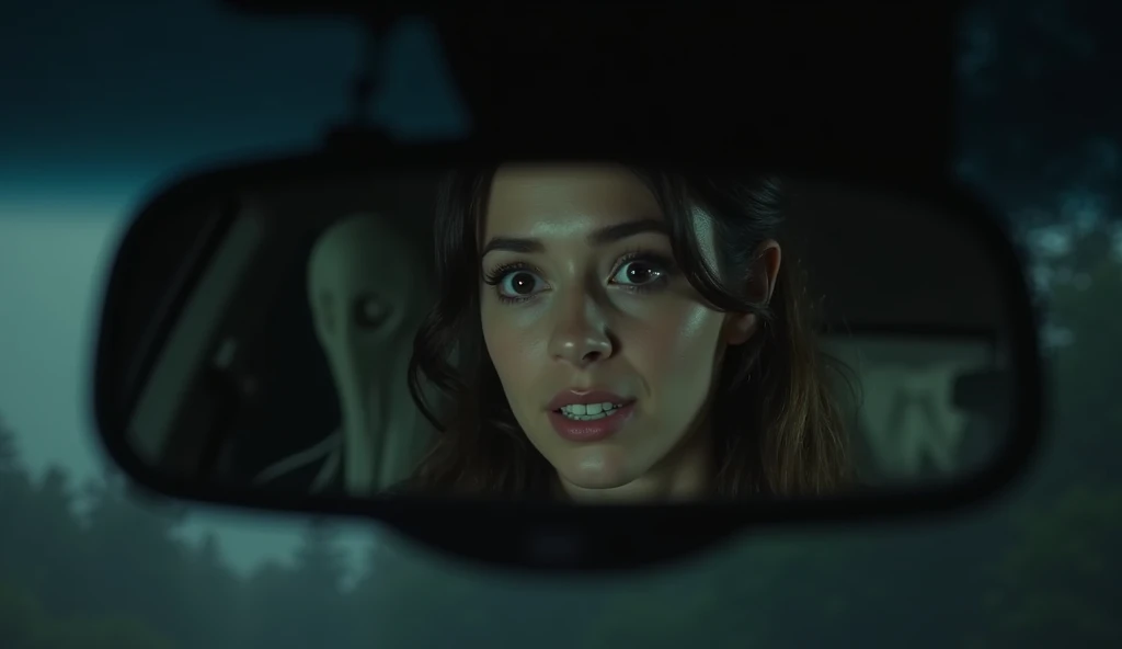 The Rearview Mirror: The Final Glimpse
In a close-up shot, Lucy glances at the rearview mirror inside her car. The viewer can see her terrified eyes in the reflection. Suddenly, the pale, faceless head of Slenderman appears in the mirror, sitting in the backseat of the car. Its long, spindly arms begin to reach forward towards Lucy. The moment is tense and horrifying, capturing the pure terror in her eyes just before the screen cuts to black.