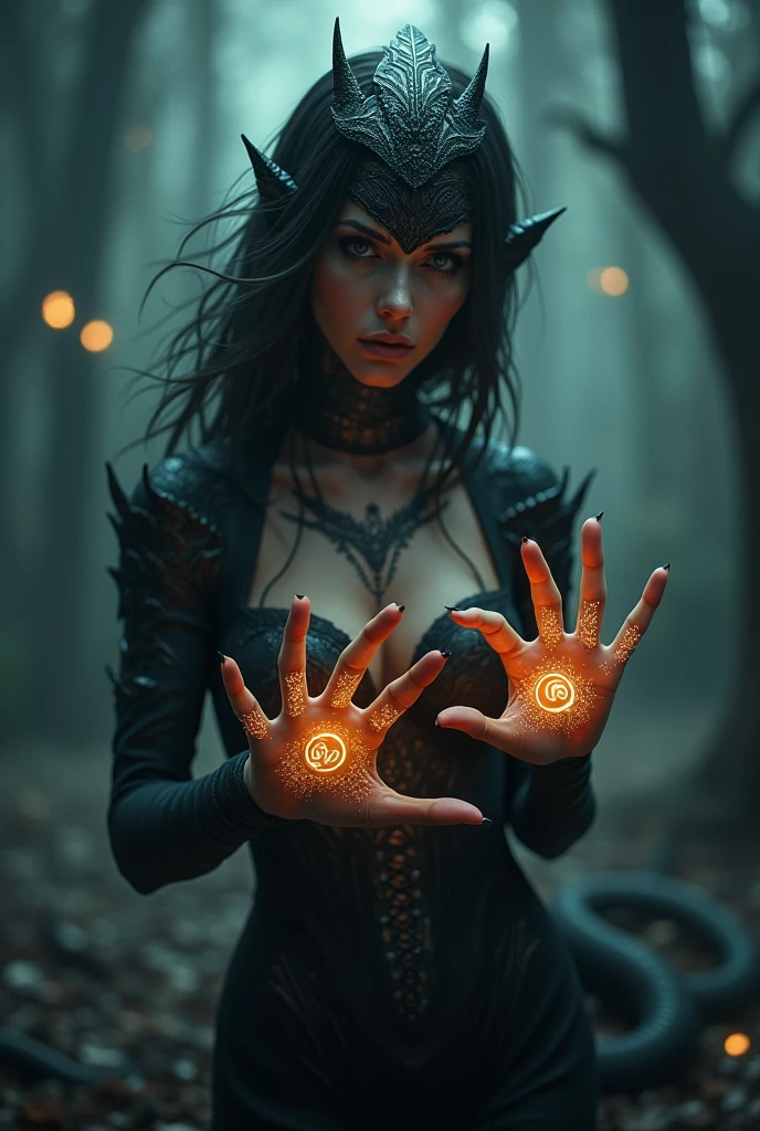 La femme serpentine  au corps sombre noir avec des symbole antique sur ses doigts lumineux hypnotique 
