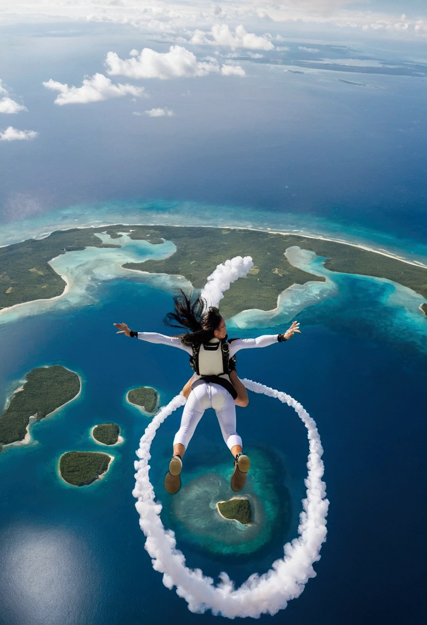 A woman in a white dress skydiving, showing the island below,long black hair, Shooting from behind