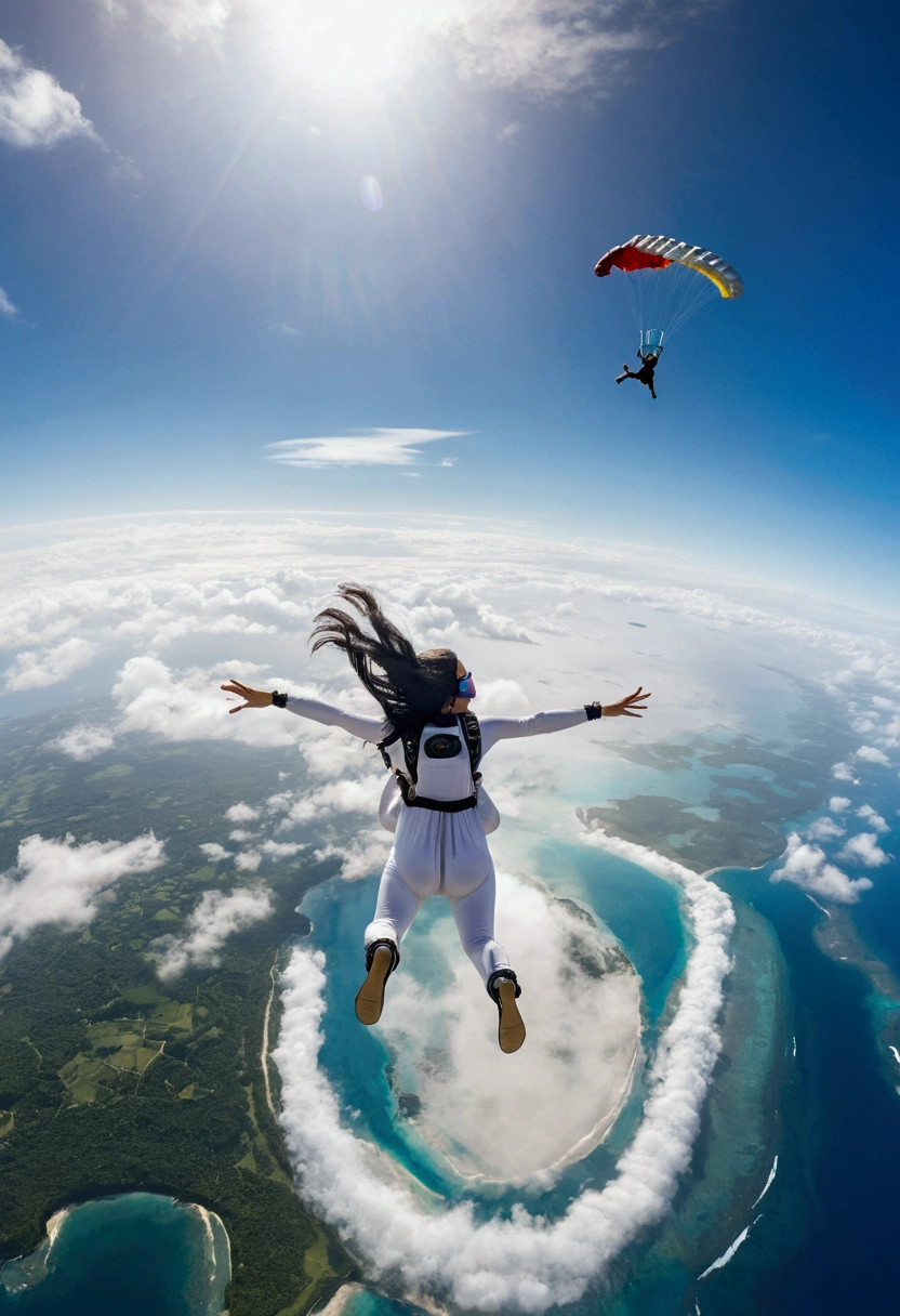 A woman in a white dress skydiving, showing the island below,long black hair, Shooting from behind