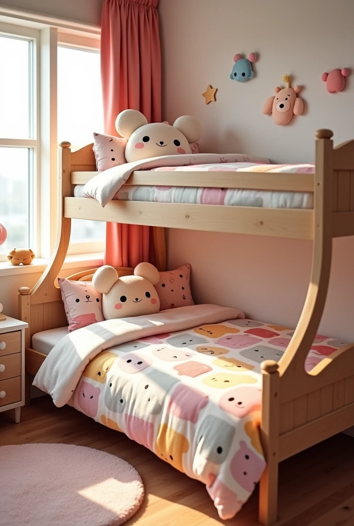 Example of a double bunk bed using Tsum Tsum sheets and bedcovers