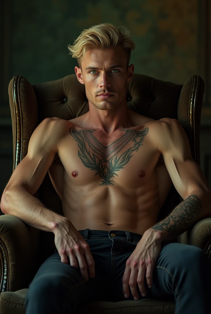 Very handsome tall blond man with green eyes and a toned body with a tattoo sitting in an armchair