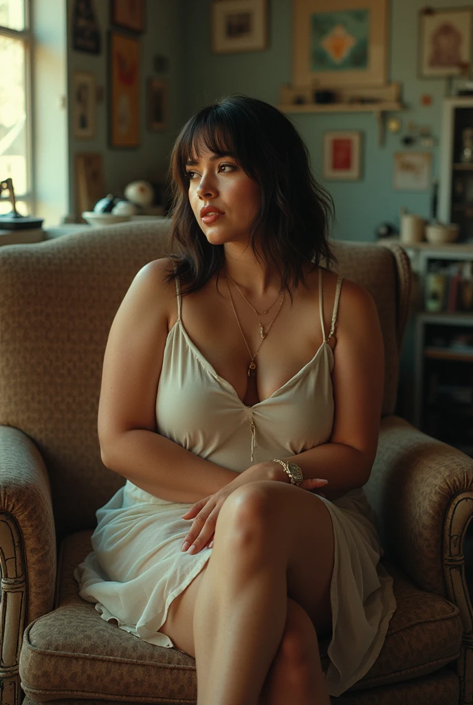High quality photo, a sweet latin woman with a cool expression, sitting astride on the vintage sofa, natural women, open legs, wearing transparent short slipdress, sneakers, (pretty chubby:1.2), bangs hairstyle, natural warm soft light, facial camera, in junkie shop, still life fashion photography, sexy pose, need sex, realistic object, ultra highly detailed, detailed face and eyes, real skin, sunlight and shadow, full body view, dynamic angle, soft focus, shot by mamiya R67, kodacrhome, dynamic composition