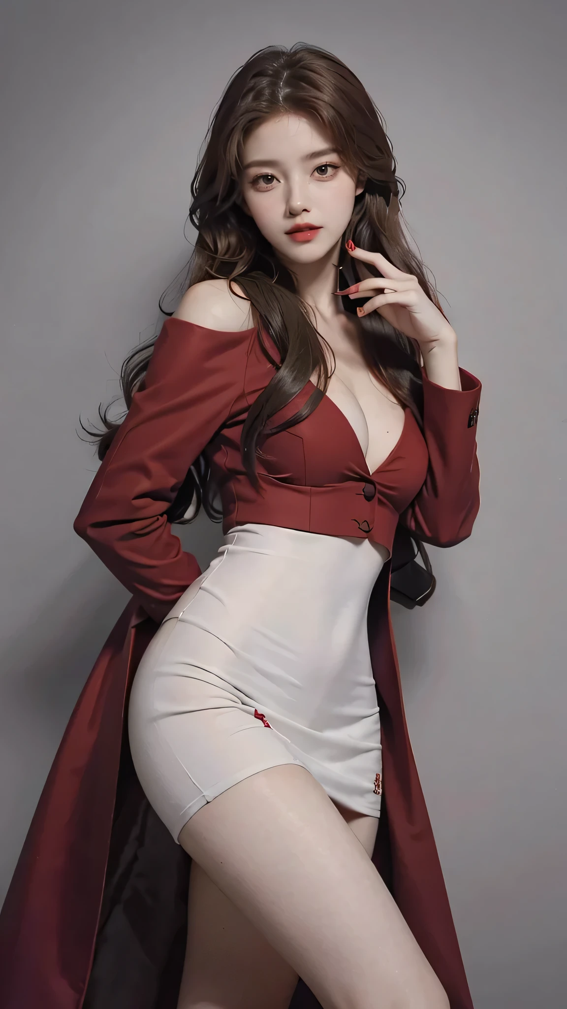 Girl wearing, luxury red coat, shoulder length hair, wavy hair, glowing skin, star in eye, red lips, grey background, cute poses