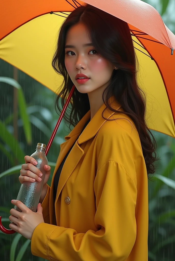 (photorealism:1.2), beautiful woman Indonesian, half body, wearing yellow jacket, left hand holding umbrella and right hand holding water mineral botol plastic, with rainy weather, outdoor, soft lighting, plants in background, cozy room, relaxed pose, realistic, intricate details, warm colors