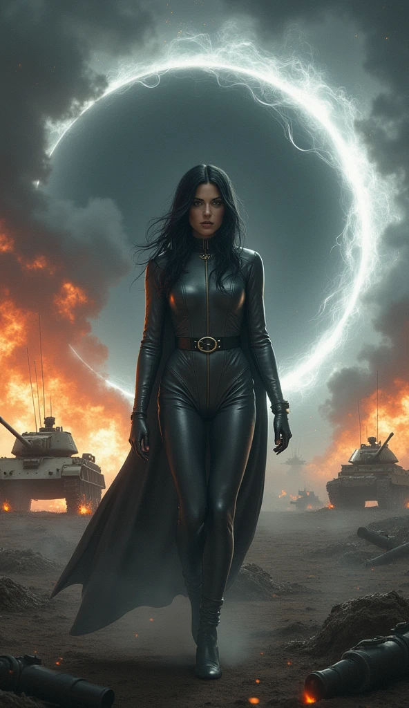 "Eclipse, the time-traveling phantom, emerges from a swirling black hole into the chaos of World War II. The scene is a battlefield with exploding shells, tanks, and soldiers engaged in fierce combat. Eclipse, with her jet-black hair and sleek gray leather suit, stands amidst the chaos, her eyes wide with a mix of shock and resolve. The black hole behind her distorts the scene, with swirling shadows and a faint, ethereal glow that contrasts sharply with the harsh, war-torn environment. The smoke and fire from the battlefield envelop her, creating a striking contrast between the modern, time-traveling figure and the historical war scene."