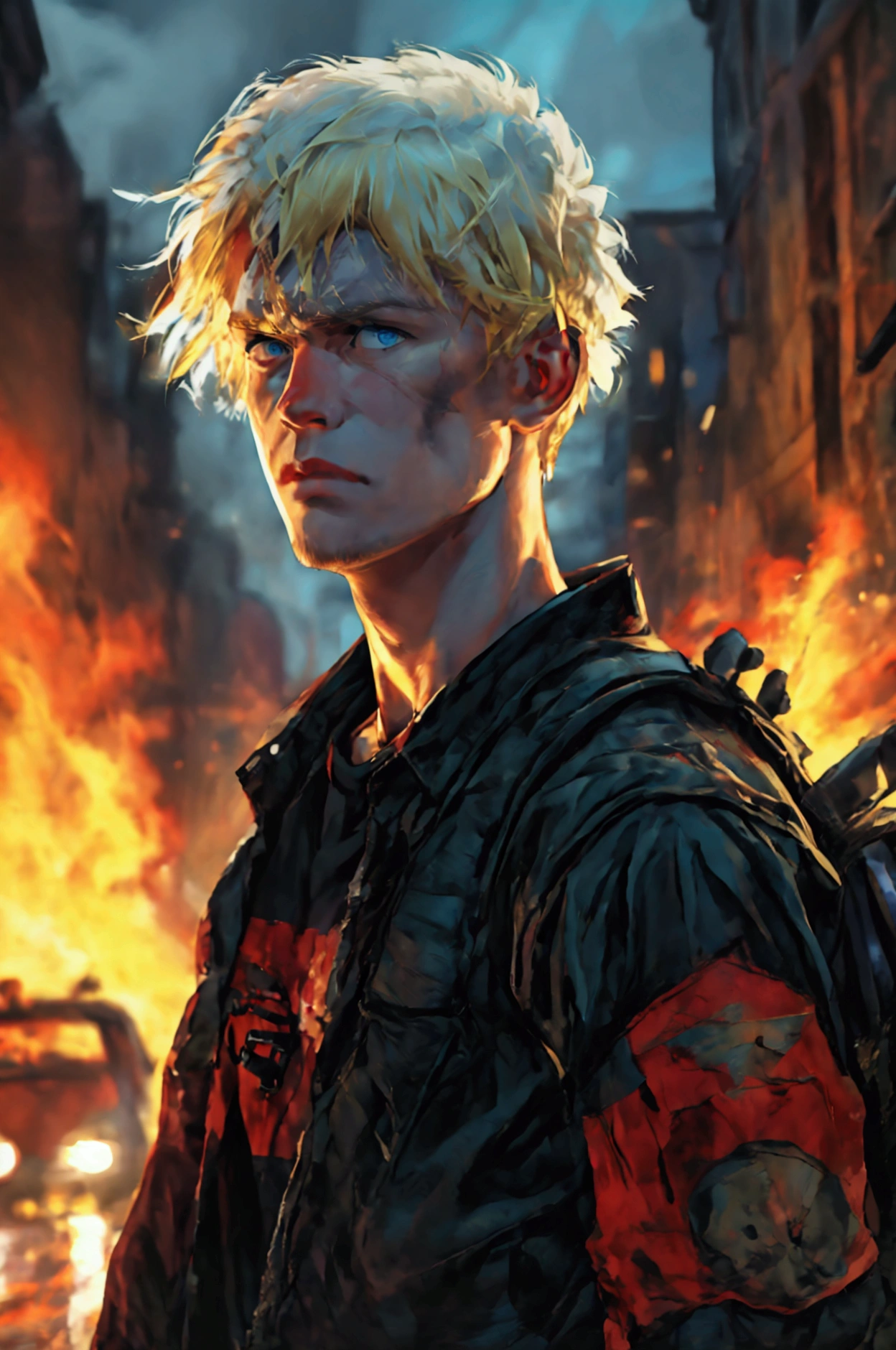A close-up and front view of a young adult with an athletic body, clearly masculine with marked features, 1,9metros, blonde hair and blue eyes, faded haircut, Russian ancestry, He wears a black varsity jacket with red details, Inside he is wearing a black t-shirt with what appears to be a military logo., a large backpack on his back and a 9mm in a cross-body holster. apocalipsis zombie. city night. Car on fire. sportsman.