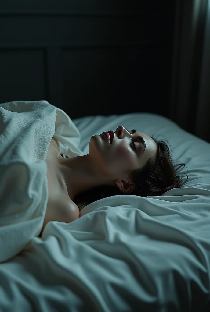 A beautiful girls dead body laying down and covering with white cloth half naked in a bed 4k realistic