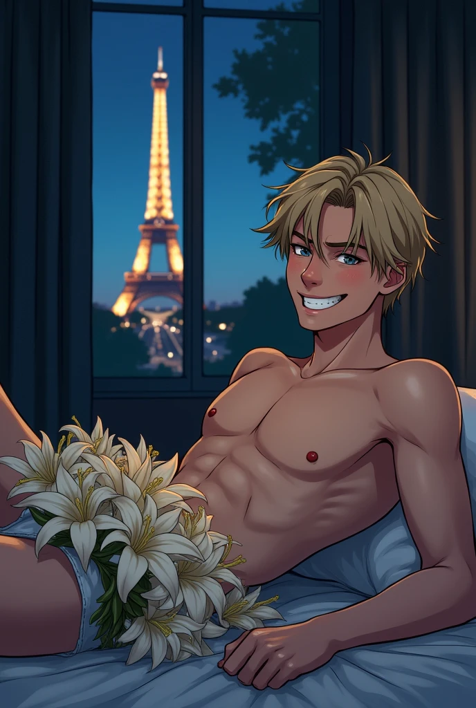 A young man, naughty man, 20 year, offwhite, Parisian, grayish green eyes, dark blonde hair, medium short cut, Unclothed, com um buque de lirios offwhites cobrindo o penis, With a mischievous grin, on the  bed, in a low light room, the night, with blinkers, and with trees in the window showing the Eiffel Tower in the background, in hentai-cartoon-realistic style