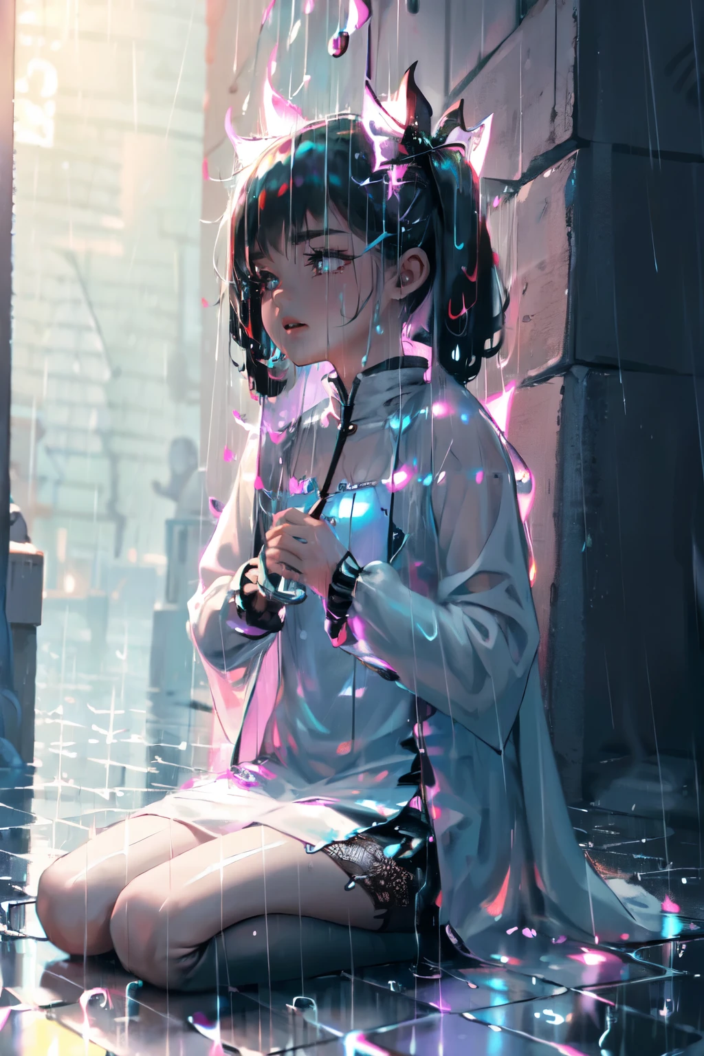 uhd, textured skin, good quality, High details, ​masterpiece, best quality, (Amazingly absurd:1.2), (​masterpiece:1.2), fluffy, 1 Vampiregirl, cute long black dress, looking sad, glowing eyes, glowing hair , Fullbody , Black long Hair, Hair bow, white knee socks, Kawaiitech, Soft colors, Kawaii, beautiful colors, in an alley, Wet, (Rain:2)